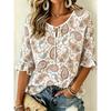 Women's Blue Beige Paisley Print Tie Neck Blouse