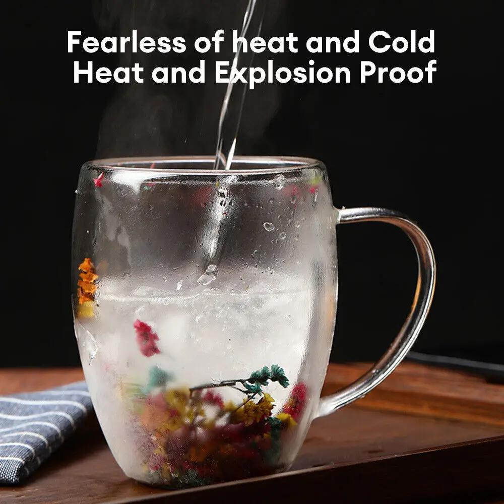 250/350Ml Fillings Dry Flowers Double Wall Glass Cup with Handle Heat Resistant Tea Coffee Mug Cups Espresso Milk Mug Gift