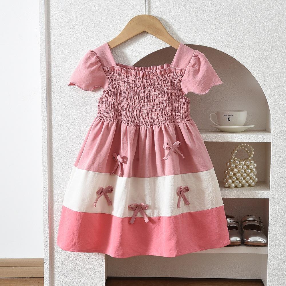 Girls Summer Sweet Smocked Bow Tie Splice Casual Dress Kids Fashion 100cm розовый