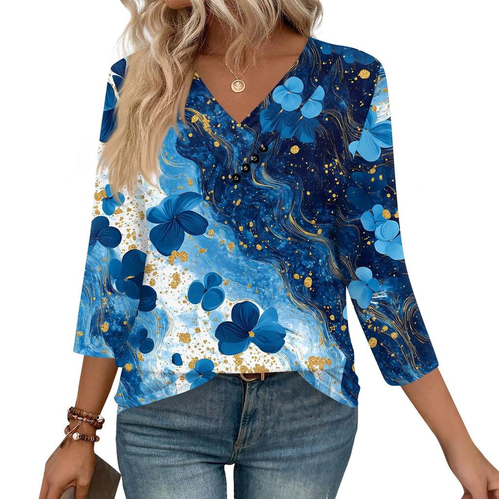 Women's Print Top Button-down V-neck T-shirt 3/4 Sleeve Loose Fashion Top