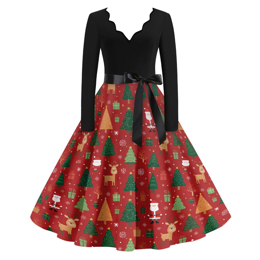 Women's Casual Fashion V Neck Christmas Printed Vintage Dress