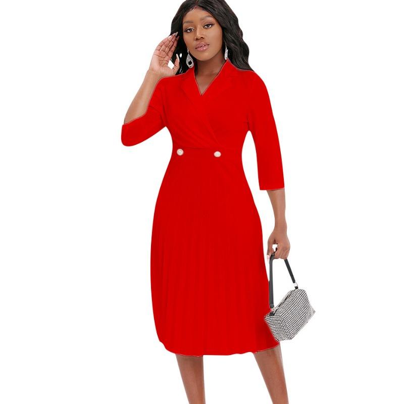 Large size women's clothing autumn and winter new suit collar solid color temperament pleated dress