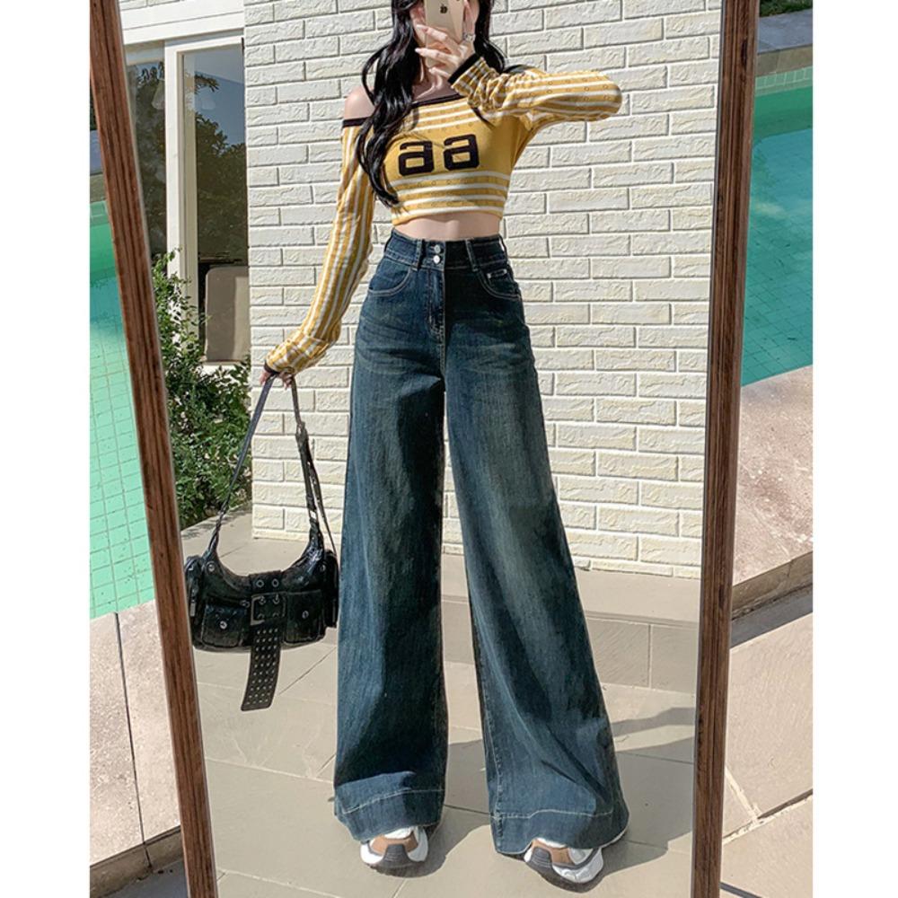 2380 Niche Fashion Double-button Mopping Jeans Women's Spring and Autumn Design Sense High Waist Wide Legs Casual Jeans