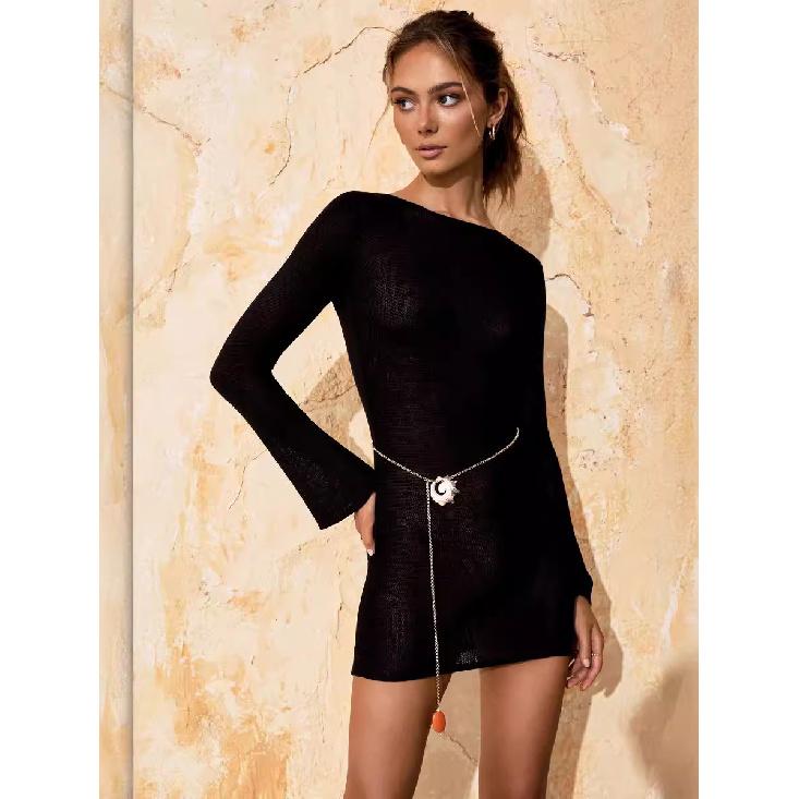 2025 European And American New Backless Sexy Knitted Beach Cover Shirt With Flared Sleeves, Mid To Long Style, Two In One Knitted Sweater