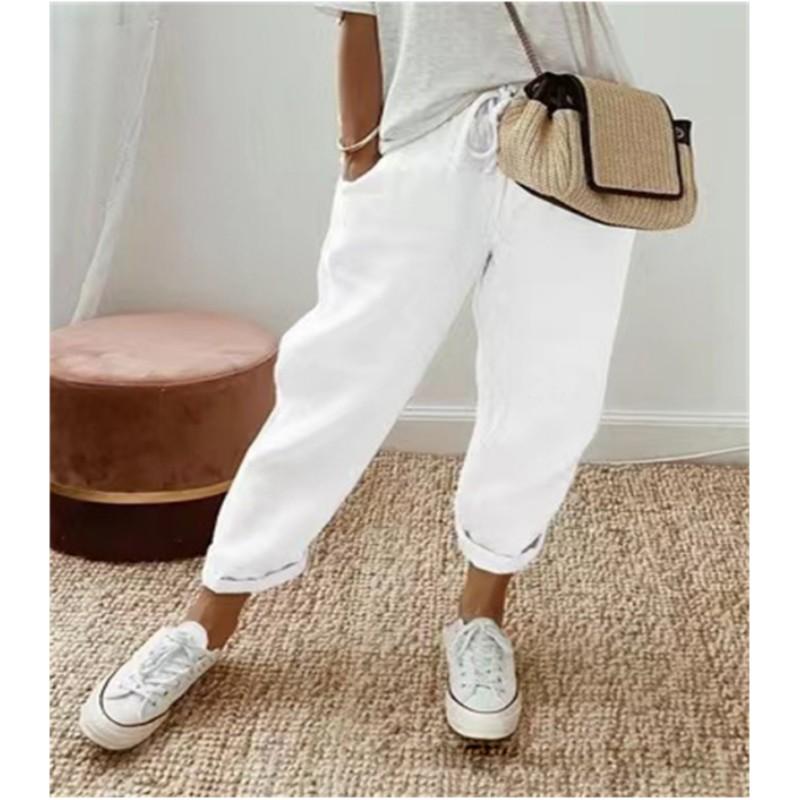 Ladies Summer Solid Color Elastic Waist Casual Nine-minute Pants
