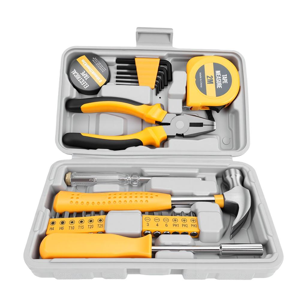 24 Piece Hand Repair Tool Kit Non Slip Handle Pliers Hex Wrenches Short Screwdriver Bits Tape Measure for Home Use