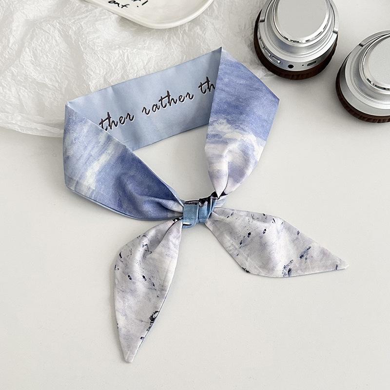 Blue silk scarf, long strip, new fashion, oil painting style, bow, headband, braided hair, tied bag, streamer, multi-purpose waist silk scarf.