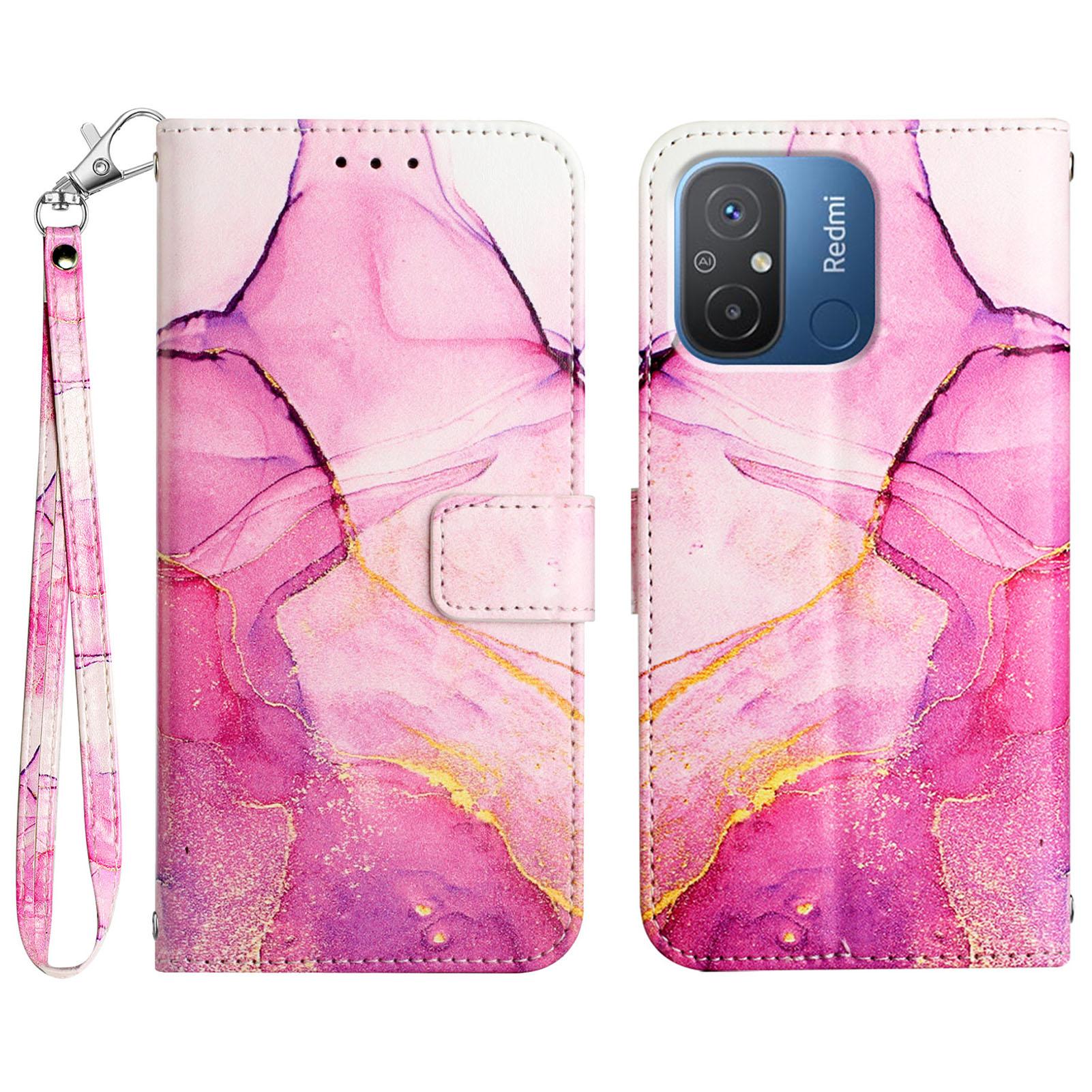 

For Xiaomi Redmi 12C 4G/11A 4G/Poco C55 4G Case with Strap Marble Pattern Leather Phone Cover Card Holder Pink/Purple/Gold 001