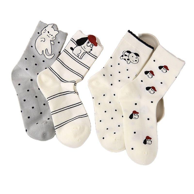 Dongdaemun Cartoon Puppy Mid-Tube Socks For Women, Breathable Thin Boneless With Small Leather Shoes And Cotton Socks
