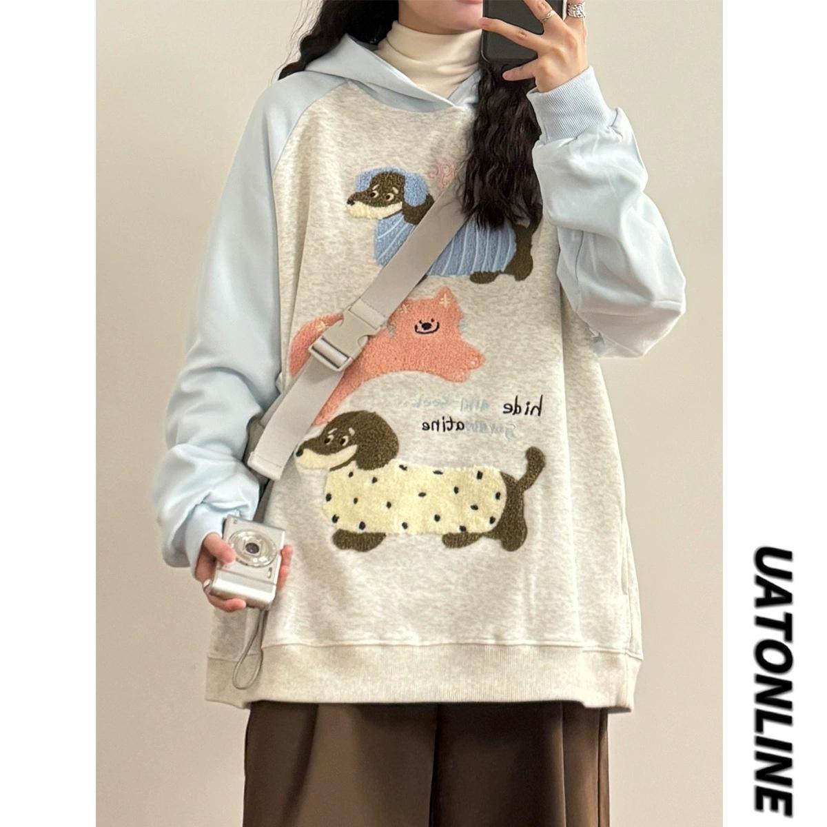 Winter Japanese retro college wind loose flocking puppy hooded pullover sweater jacket female design sense niche M