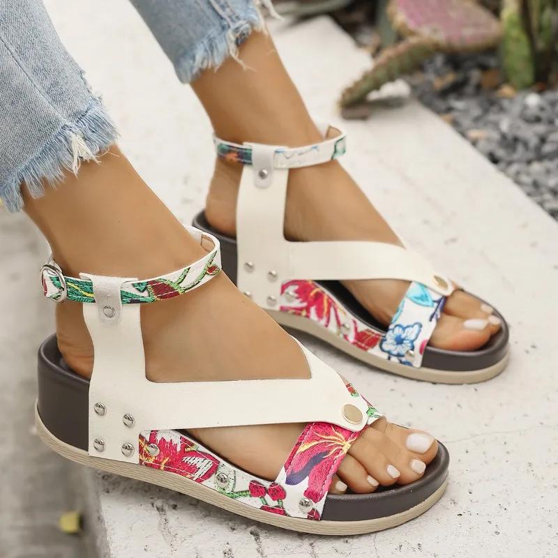 2025 Summer Ankle-wrap Women's Outdoor Platform Sandals Buckle Strap Wedges Casual Mixed Colors Plus Size Daily Walking Shoes