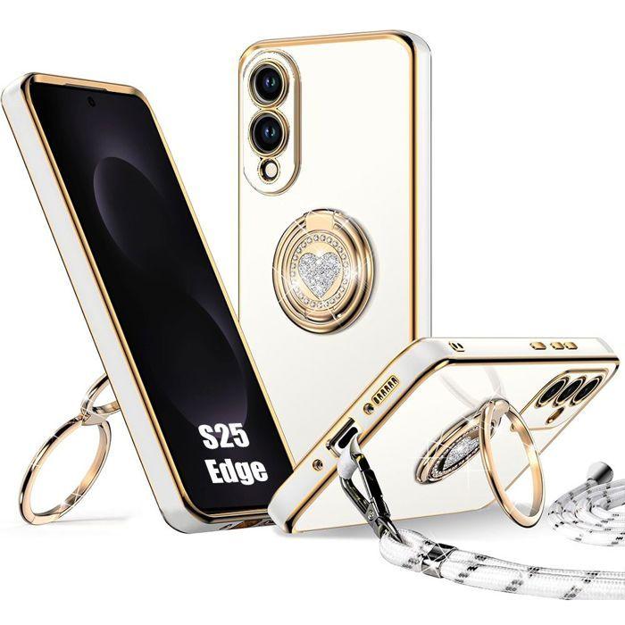 Coque pour Samsung Galaxy S25 Edge, Souple TPU Slim avec Anneau Rotatif Motif Cœur et Cordon - Blanc bianco
