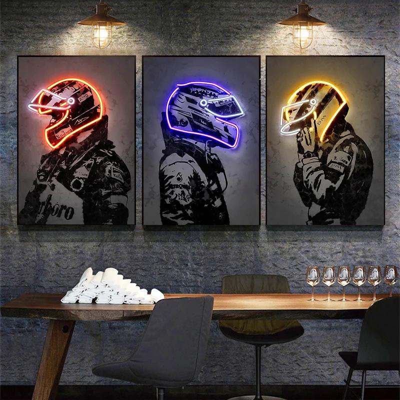 Retro Neon Light Effect Motorcycle Helmet Poster Print Canvas Painting Graffiti Art Wall Picture for Bar Room Home Decor NO LED