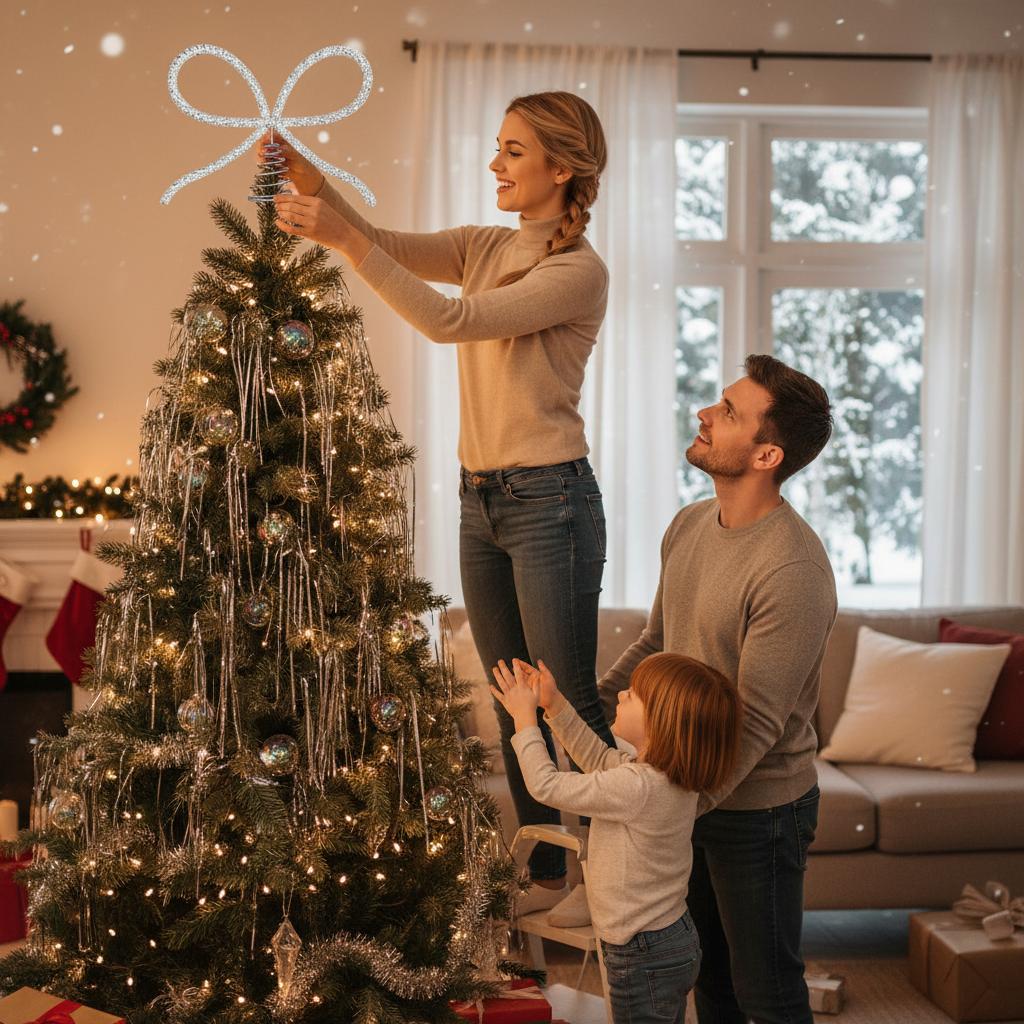 Rhinestone Bow Christmas Tree Topper Metal Extra Large Xmas Tree Ornament Gold/Silver Decorative Props Christmas Decoration