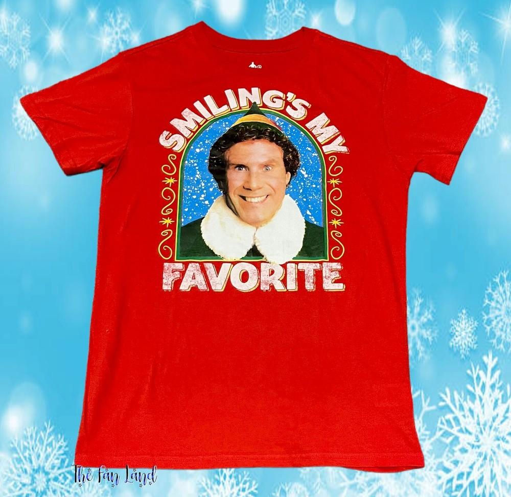 

New Elf Smiling is my Favorite Red Will Ferrell Mens Christmas Vintage Unisex T-Shirt S