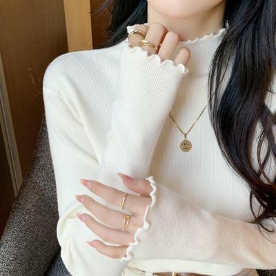 Women's Semi-High Collar Ruffle Trim Knitted Base Layer Sweater