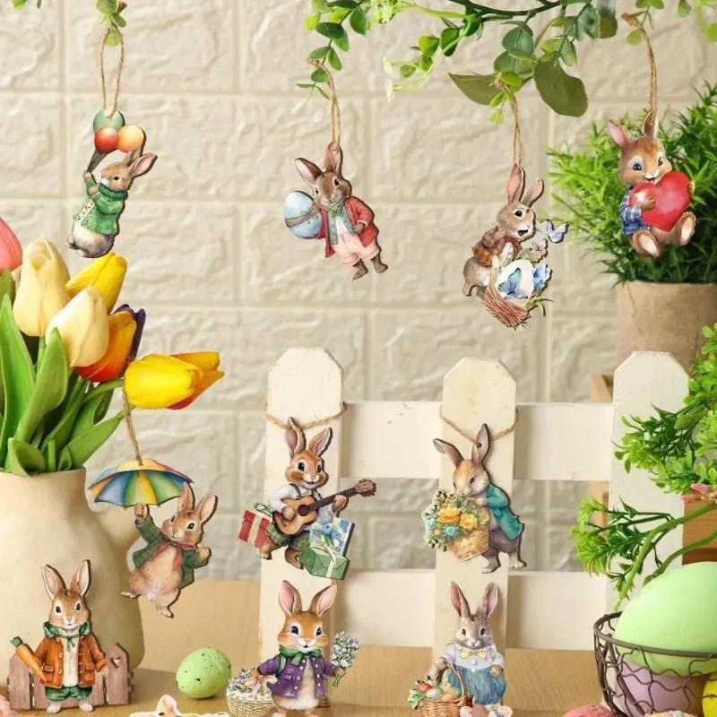 Rabbit Hanging Ornament Wooden Handmade Easter Rabbit Pendant Easy To Hang Bunny Props Hanging Pendant