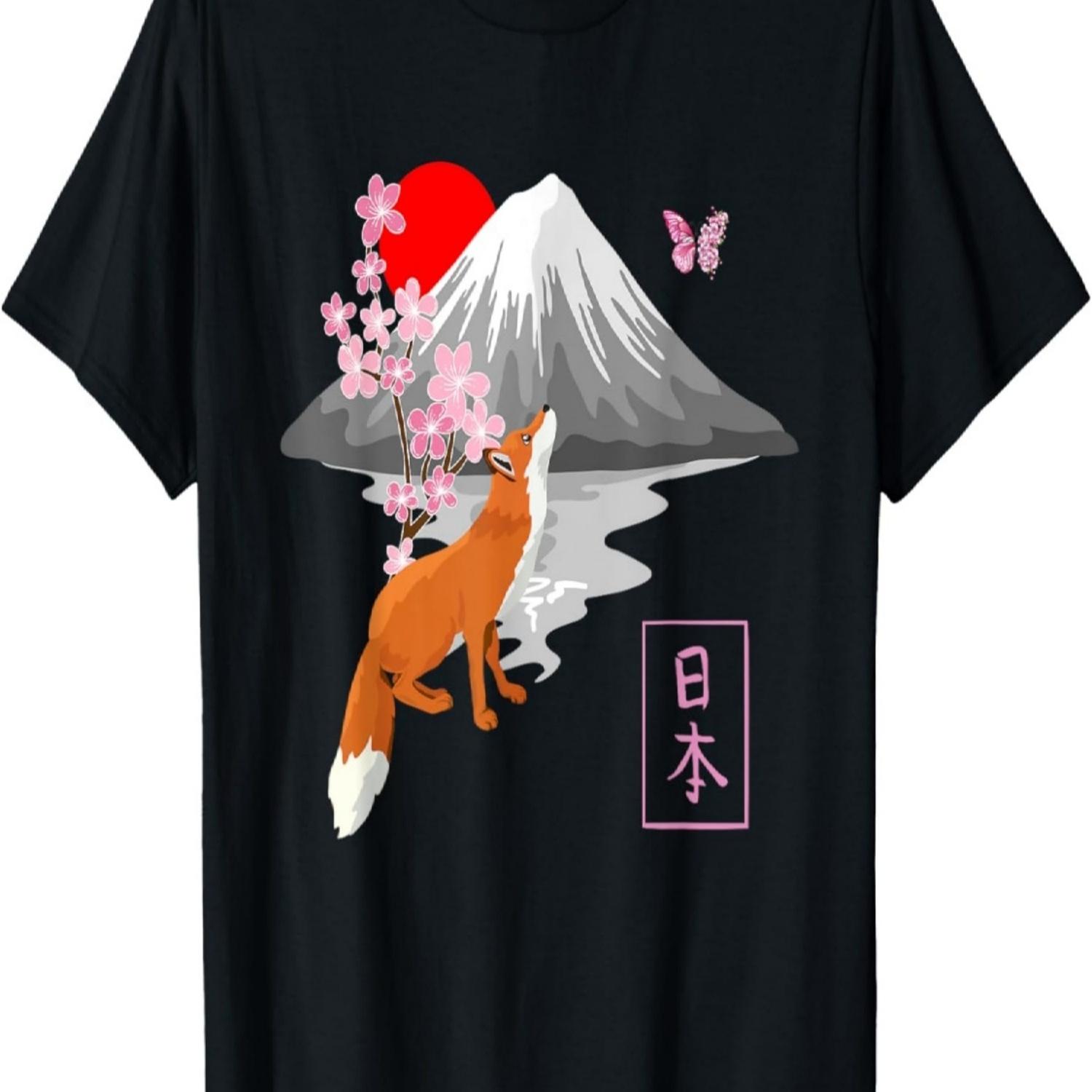Fox Butterfly  Sakura Cherry Blossom Fujiyama Nihon T-Shirt S чёрный