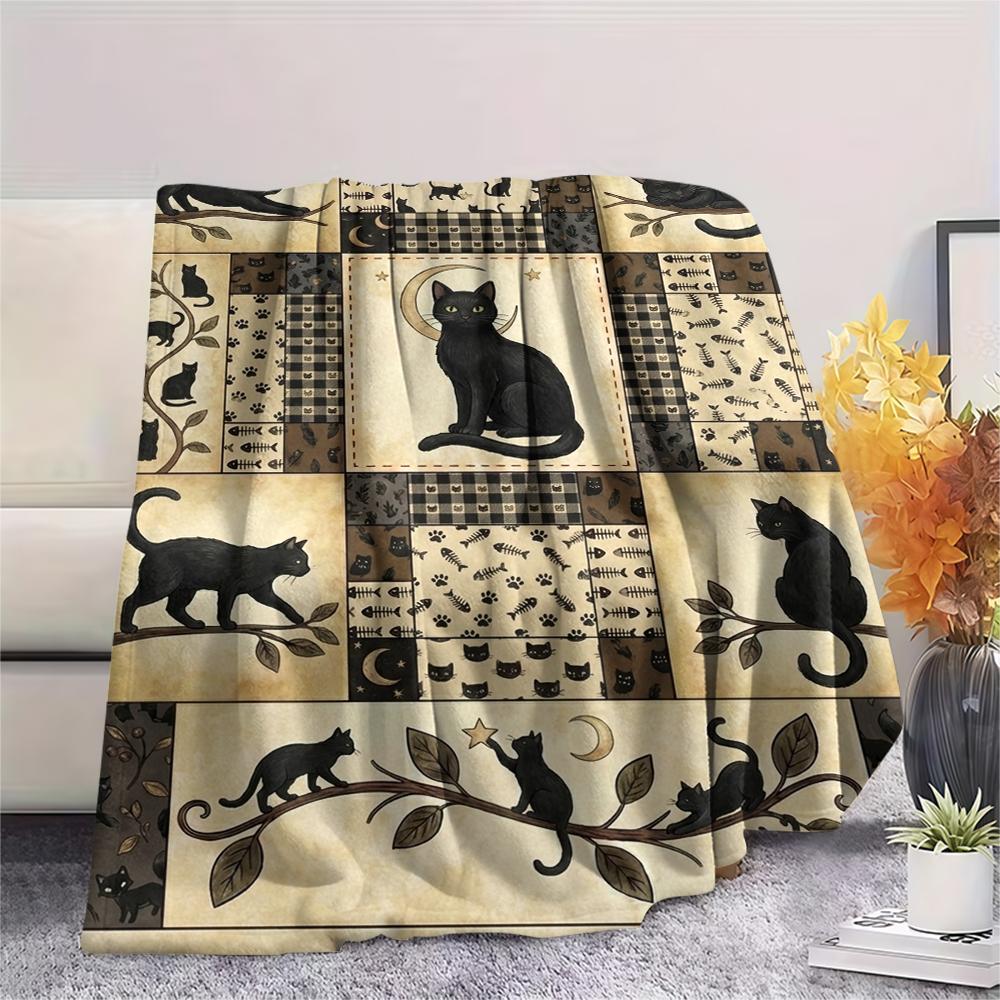 1Pc Patchwork Cat Print Flannel Blanket, High quality Comfortable for All Seasons, Home Decor, Warmth and Comfort, Perfect for Christmas Gifts63