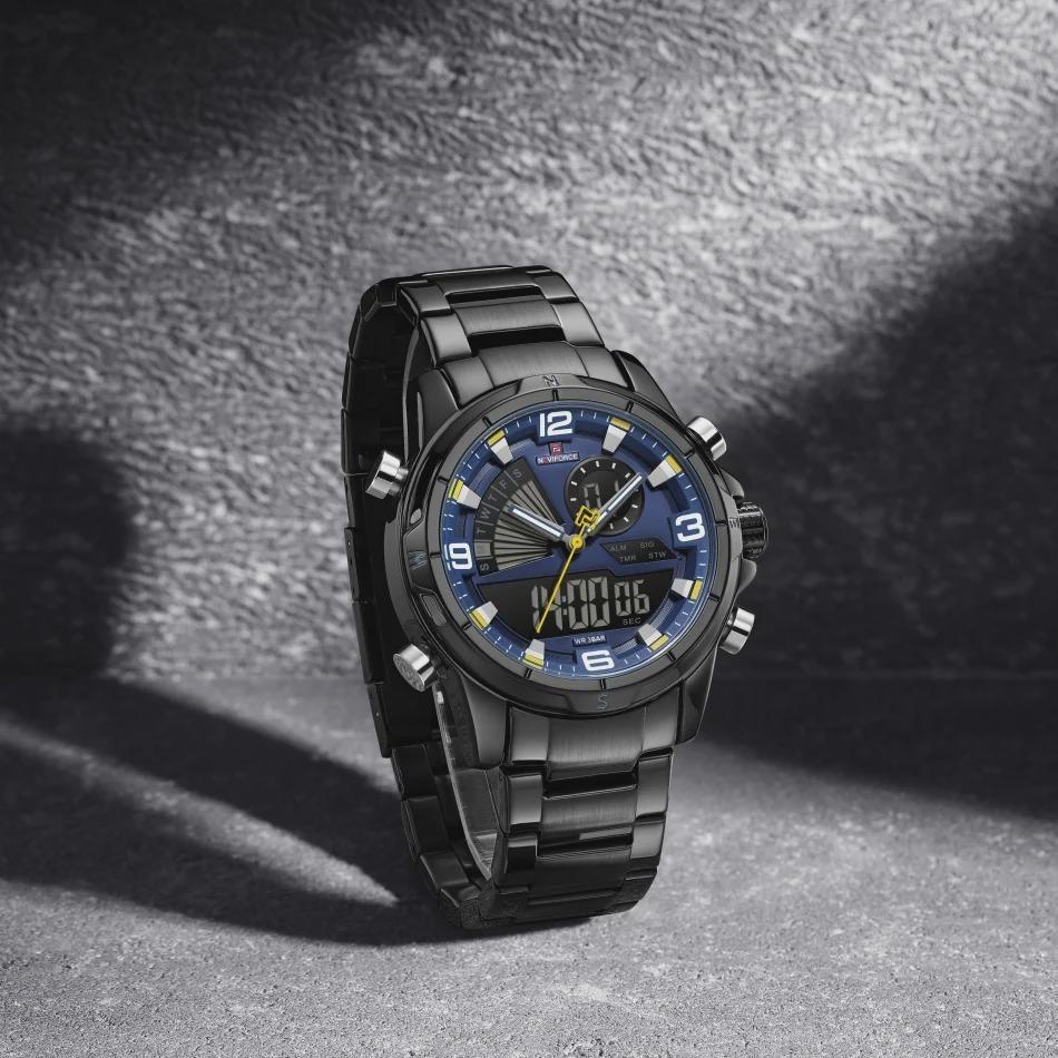 Mens Multifunctional Double-Display Watches Date Stainless Steel Watchband LED Luminous Mode Waterproof Wrist Watch