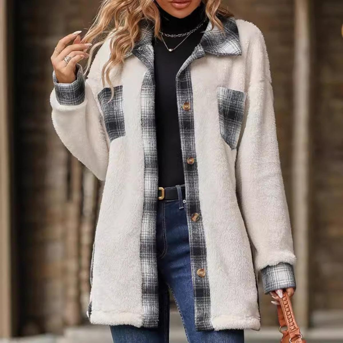 

Autumn Winter New Mid-length Lapel Plaid Patchwork Fleece Coat For Women XXL