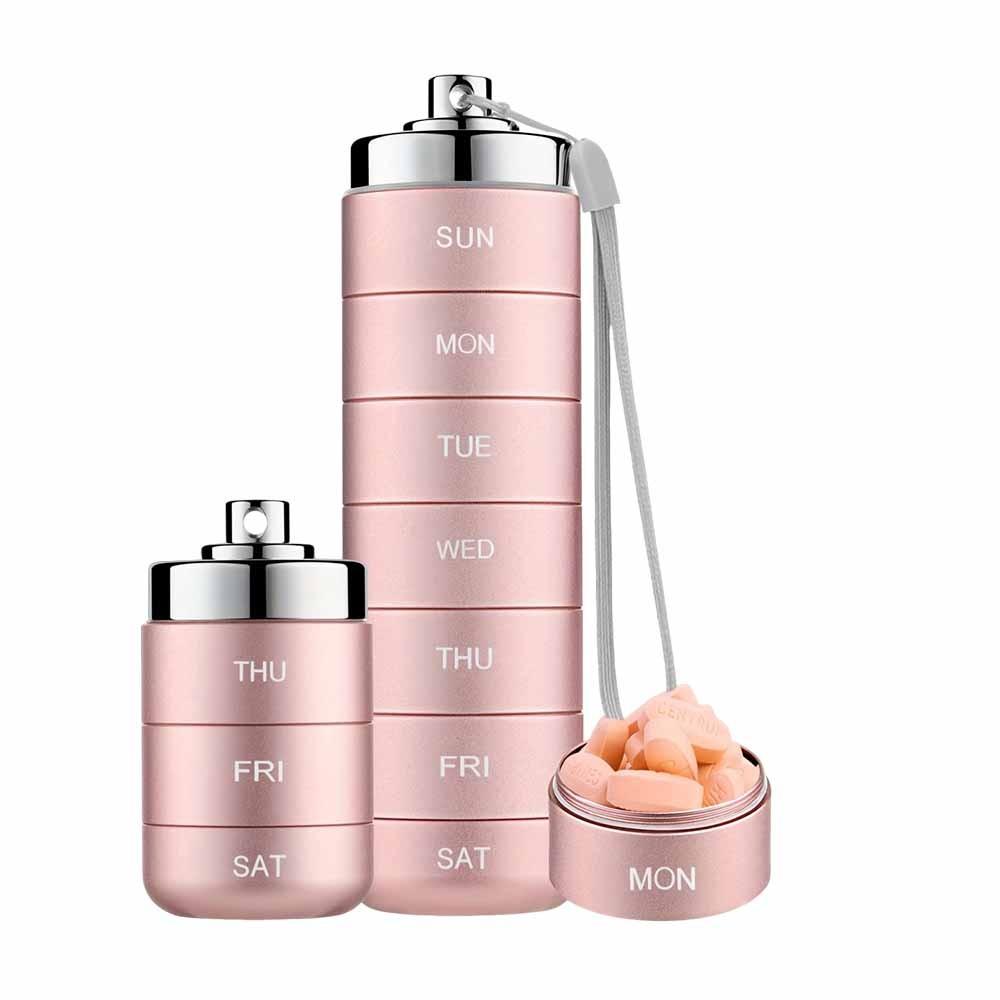 Portable Waterproof Weekly Pill Case High Capacity Aluminum Alloy Medicine Storage Box 7-Day Sealed Pill Box Daily Medicine розовый