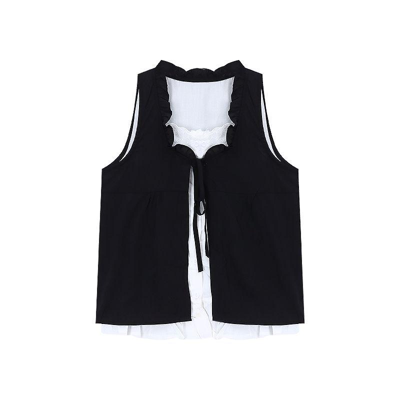 Age-Reducing Lace Stitching Sleeveless Vest Loose False Two Pieces