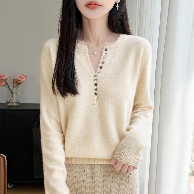 Autumn/Winter Women's Pure Wool V-neck Long Sleeve Multi-button Loose Sweater