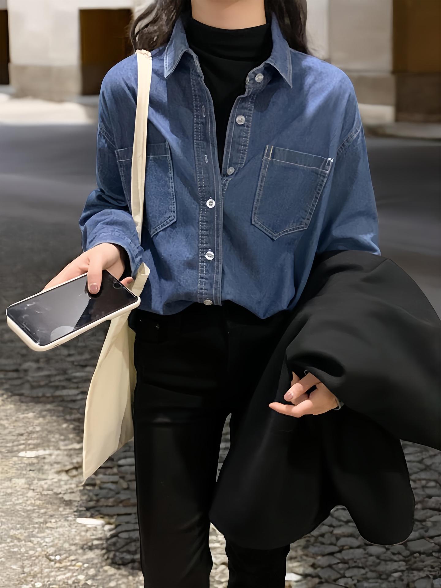 Retro Blue Women s Denim Shirt - Loose Layered Spring/Summer Top Small синий