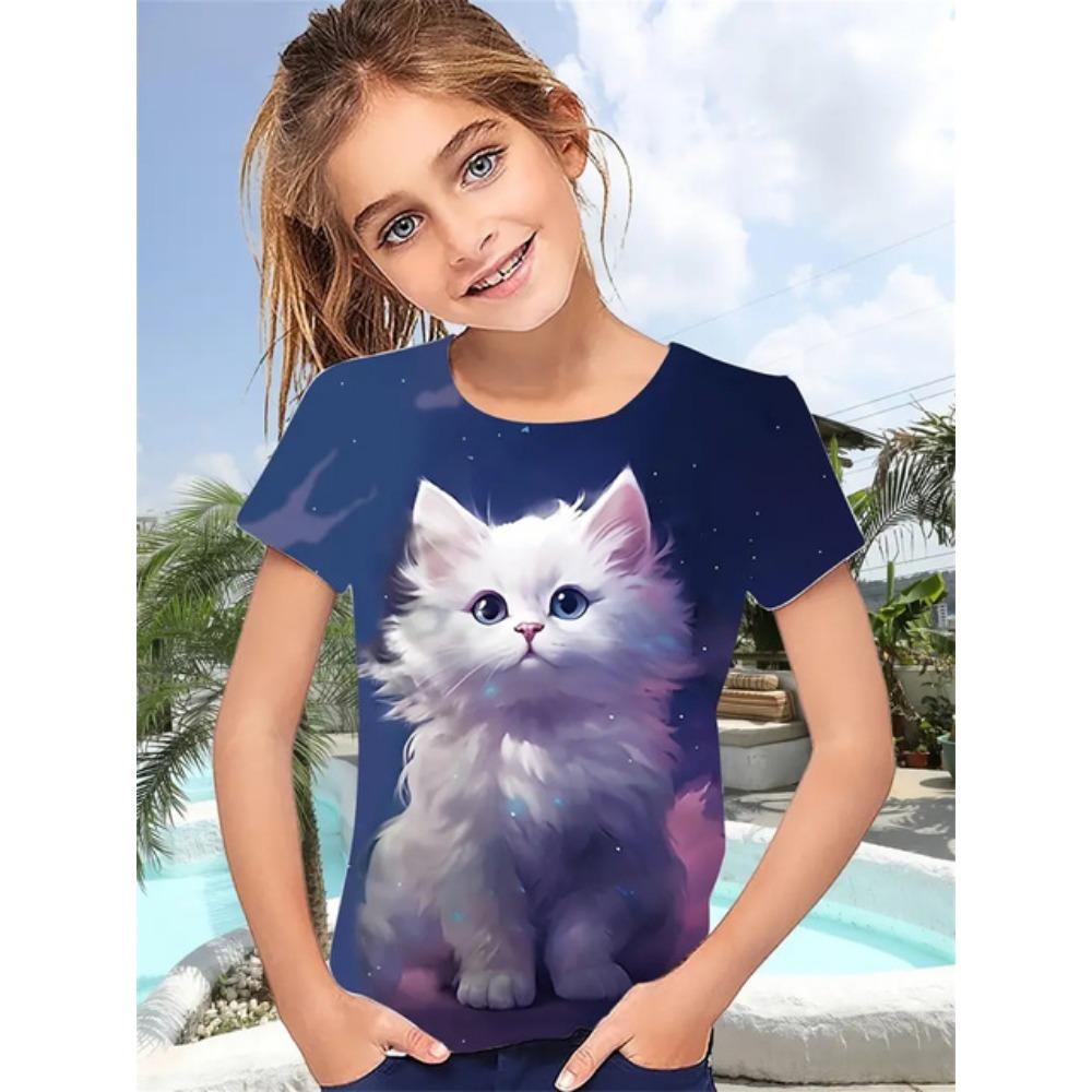 

2025 Смешные животные Кот 3D принт футболки для девочек вечерние модные короткие рукава топы футболки 2025 повседневные футболки одежда для девочек 160