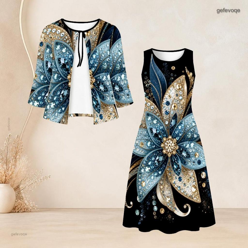 Women Plus Size Tie Neck Black Printed Two Piece Set Three Quarter Sleeve Cardigan Sleeveless Long Dress