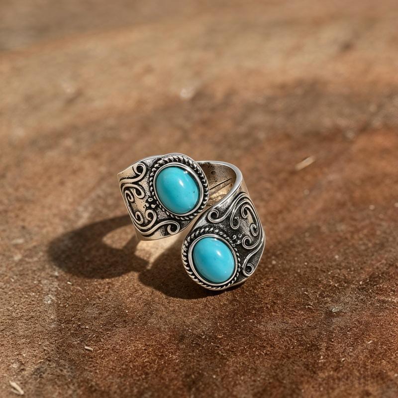 Vintage Flower Carved Personalized Opening Ring, Exaggerated Turquoise Punk Ring
