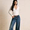 Women's V Neck Lace Trim Long Sleeve Top Slim Fit Wavy Textured Knit Button Front Crop Tee