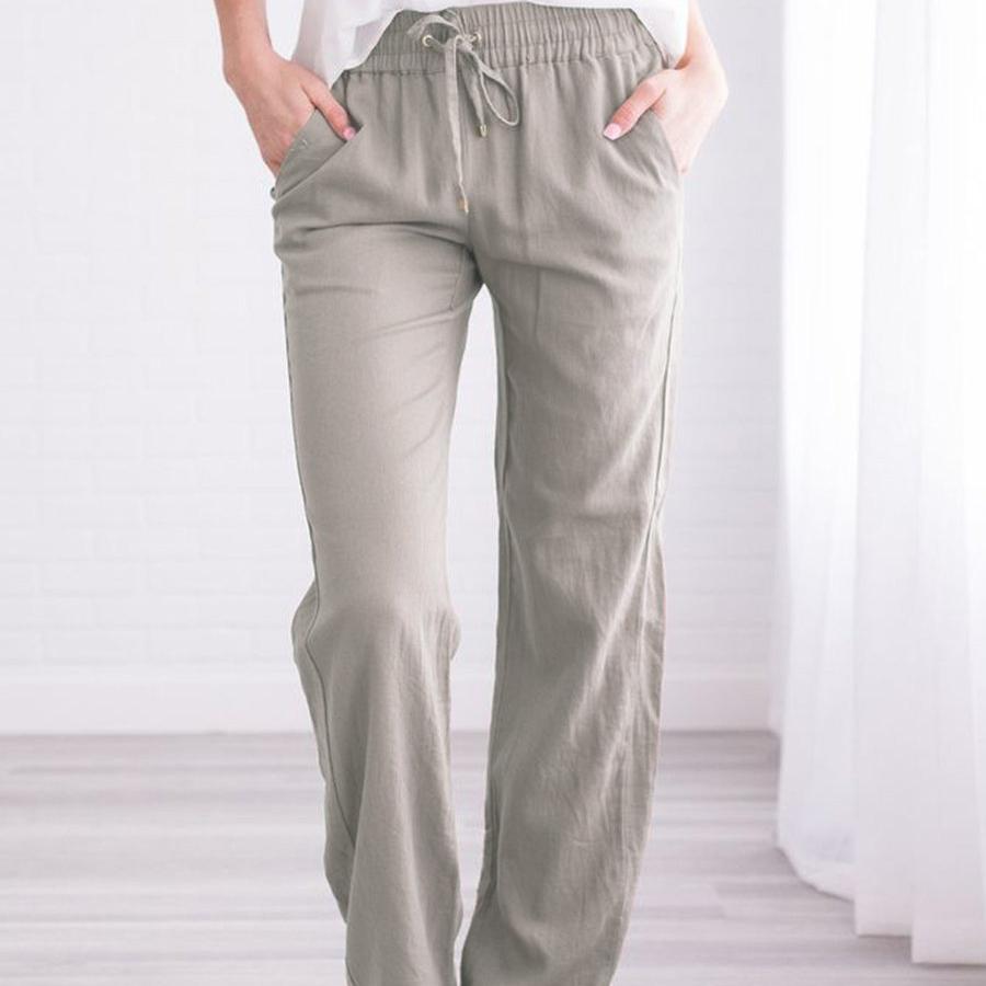 Solid Color Cotton Hemp Drawstring Loose Casual Wide Leg Trousers