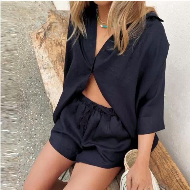Cotton Casual Suits Women Long Sleeve Sets Home Wear Solid Tops Female Shorts Two Piece Sets Spring Summer