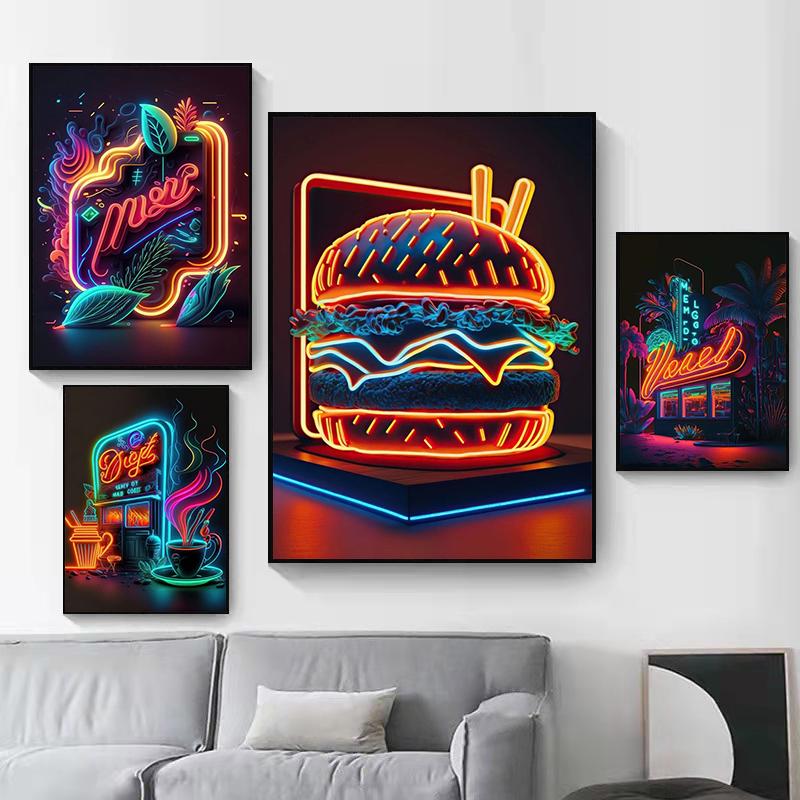 Colored Neon Lights Food and Beverage Posters Prints Hamburger Pizza Fruit Canvas Paintings Wall Art for Kitchen Home Decor