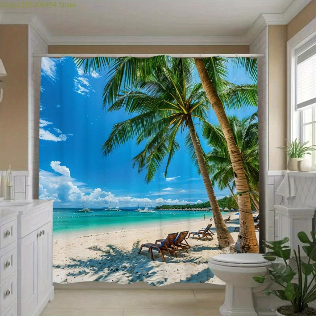1pc Tropical Beach Palm Tree Shower Curtain - Vibrant Cartoon Print Polyester Bathroom Decor with Hooks, Machine Washable No-D
