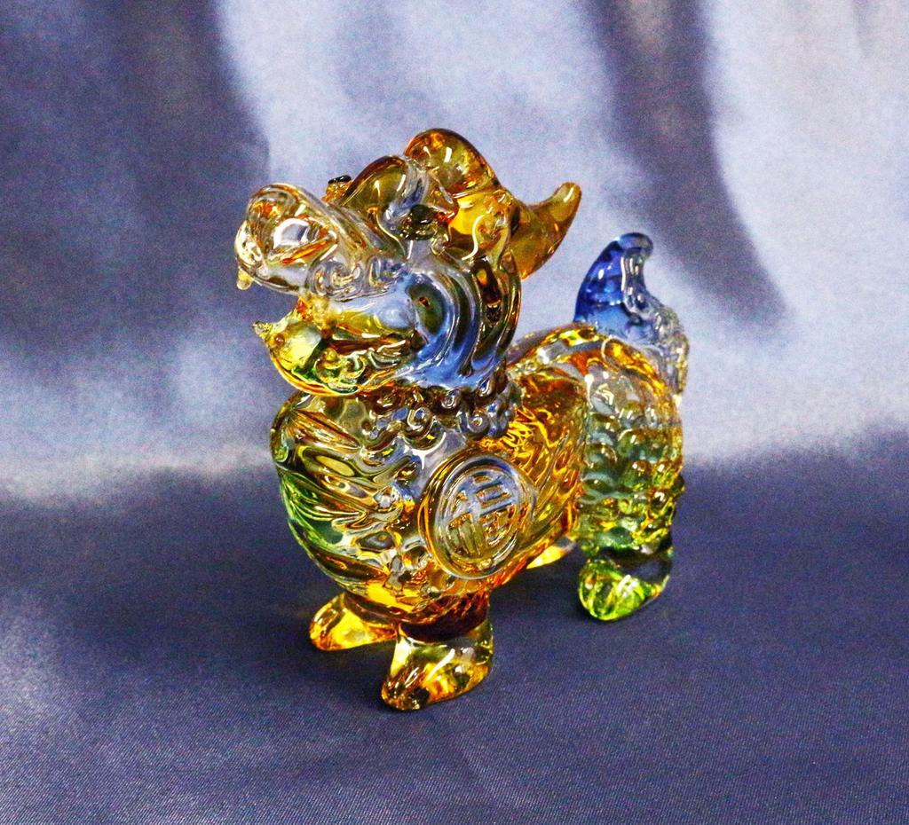 Four Cart Handmade Glass Feng Shui Good Luck Lucky Pixiu Colorful Small Set of 3