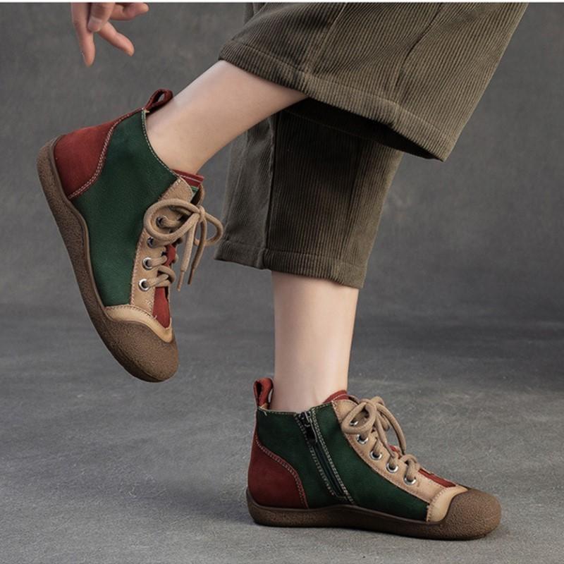 Johnature Mixed Color Genuine Leather Lightweight Comfortable Ankle Boots Retro Versatile Warm Women's Shoes