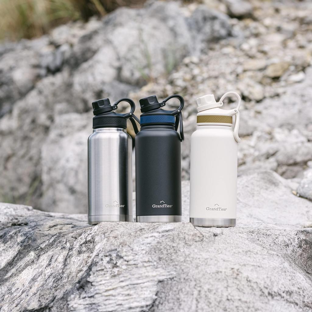 GRANDTIES Premium Vacuum Insulated Stainless Steel Wide Mouth Water Bottle, 946ml - Includes Two Lids & Easy-to-Clean Large Opening (Ivory White)