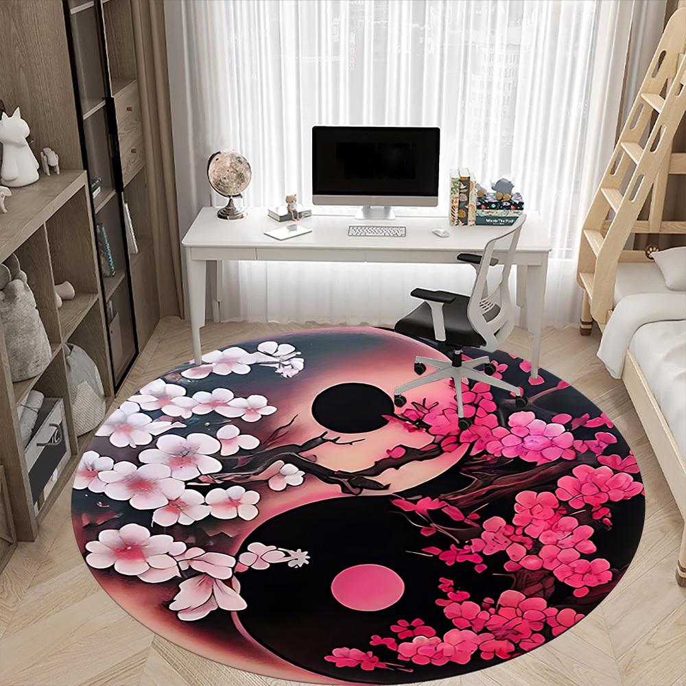 1PC Cherry Blossom Yin Yang Office Round Rug, Non slip, Soft and Durable Office Rug for Interior Decoration, Perfect for Office