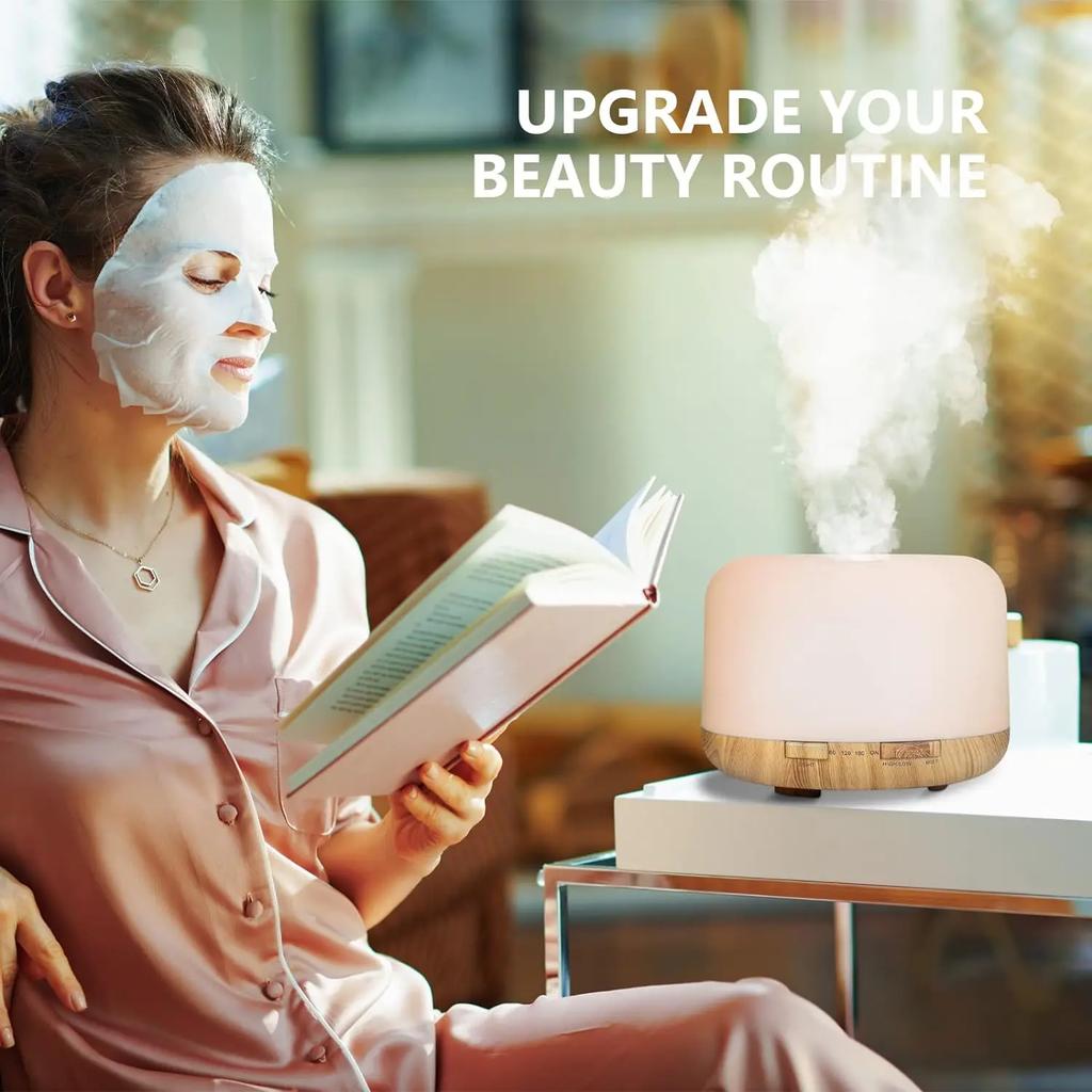 500ML USB Aroma Diffusor mit Holzmaserung, Ätherisches Öl Diffusor, Luftbefeuchter mit Fernbedienung, Bunte Nachtlichter für Zuhause