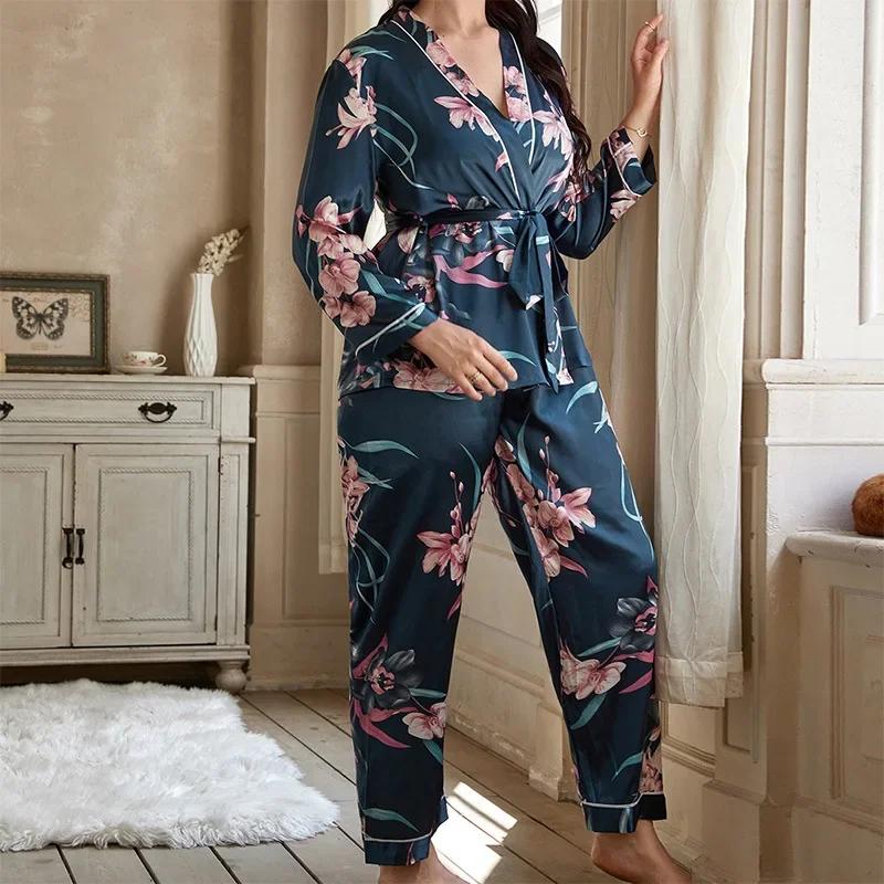 Women's Cardigan Printed Robe with Long Trouser Pajamas Set Loose Conjuntos Feminino Elegante Ladies Suits