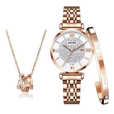 Coffret cadeau OLEVS pour montre à quartz simple en acier inoxydable pour femme Montre femme, bracelet, collier, marque, mignon, élégant,