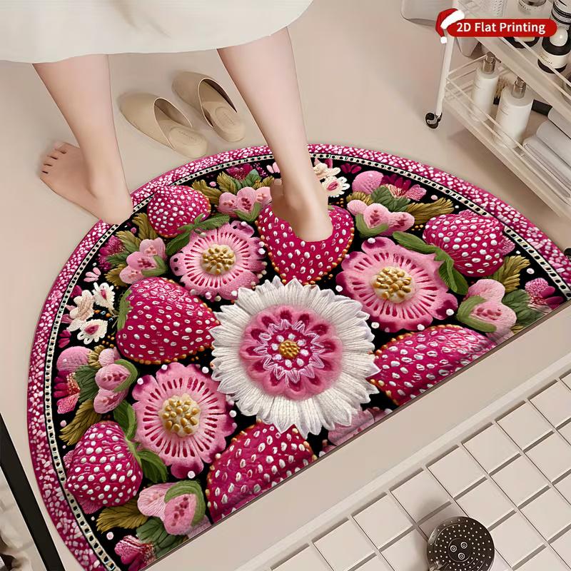 1Pcs Pink Strawberry Semi Circle Welcome Doormat Non-Slip for Outdoor Patio Porch Kitchen Bathroom Entryway Floor Mat