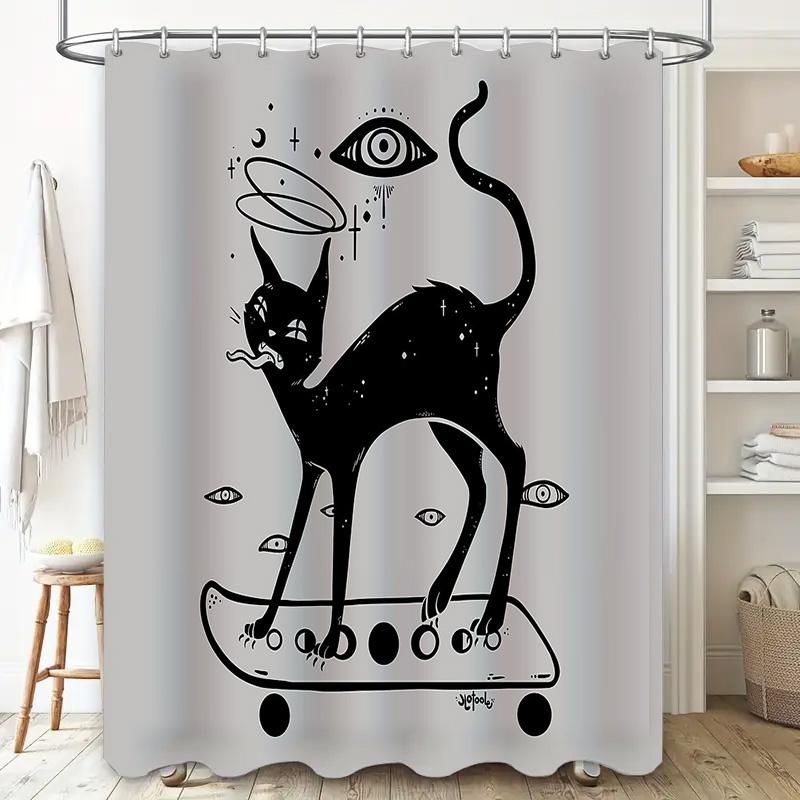 Skateboard Cat Shower Curtain Funny Pet Theme Bathroom Decor Trendy Cool Room Divider Artistic Home Textile Unique Gift