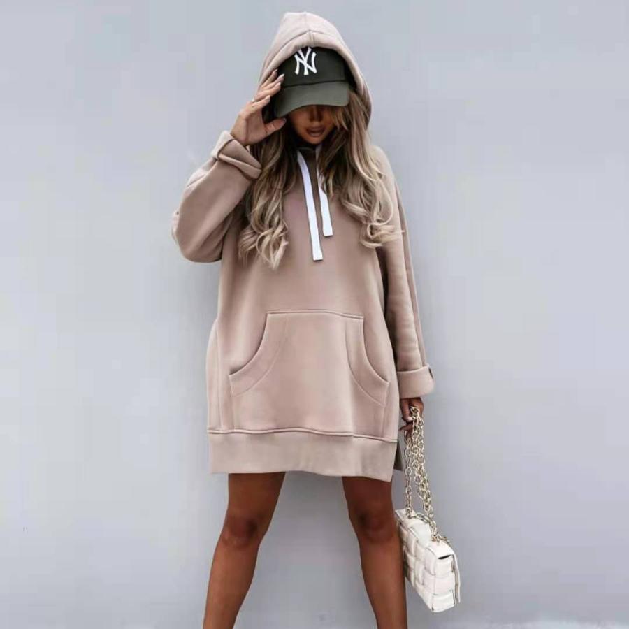 Nuovo felpa con cappuccio da donna a tinta unita di media lunghezza per autunno e inverno 6998