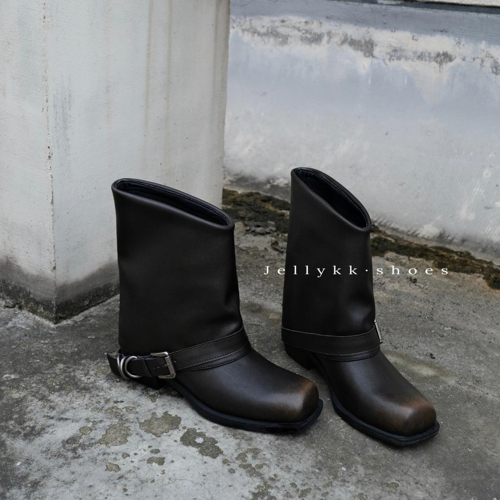 Cowhide version~ Punk street retro polished Martin boots women's 2025 square head old metal warehouse tube western boots