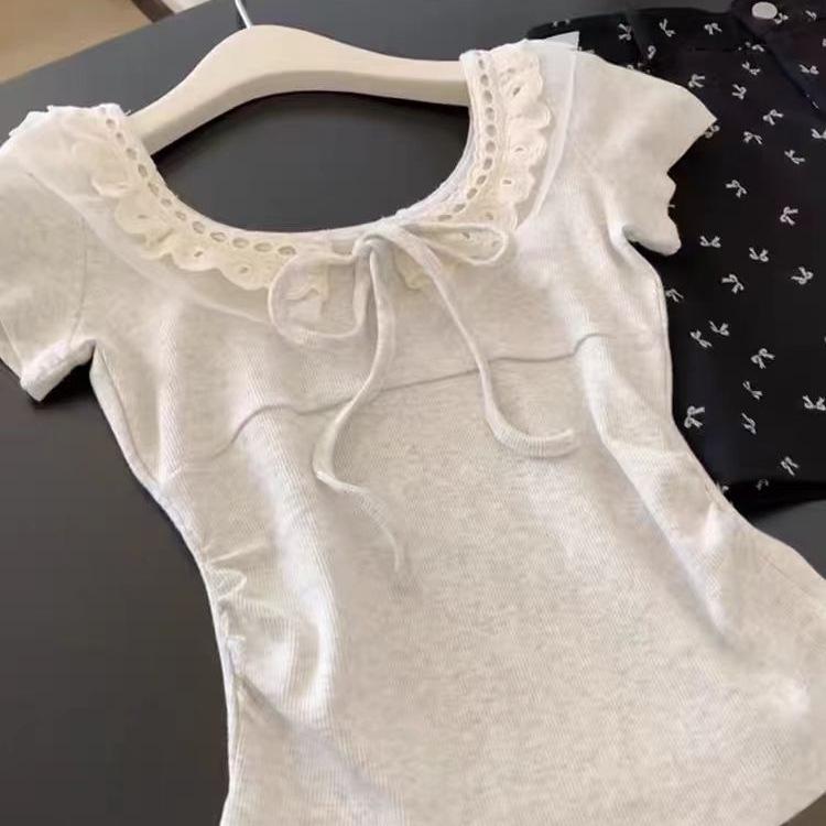 Japanese Patchwork Tie-Up Short Sleeve Tee - Women's Petite Slimming Cropped Top