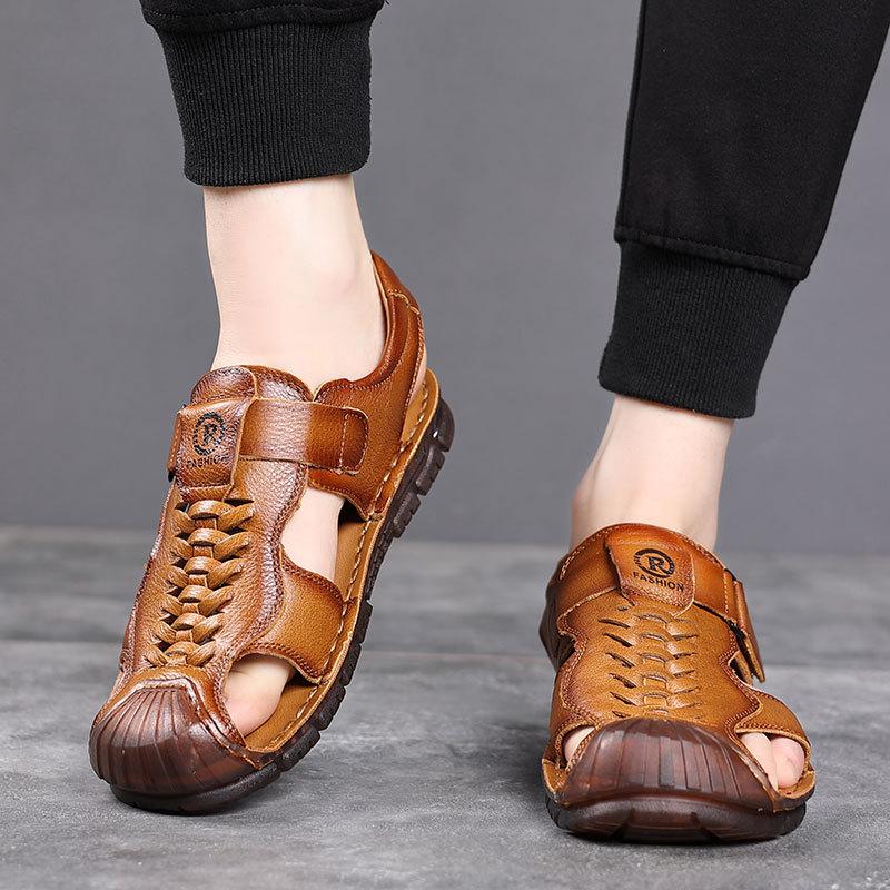 First layer cowhide sandals men's bag head summer wear casual beach shoes men's non-slip soft-soled hollow men's slippers